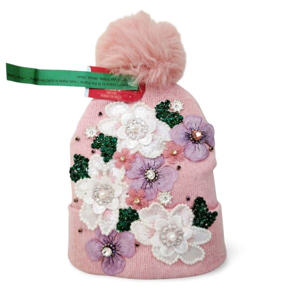 Thoughtfully Elevated Dusty Rose Pom-Pom Beanie Embroidered Florals TT1523 - Picture 1 of 4